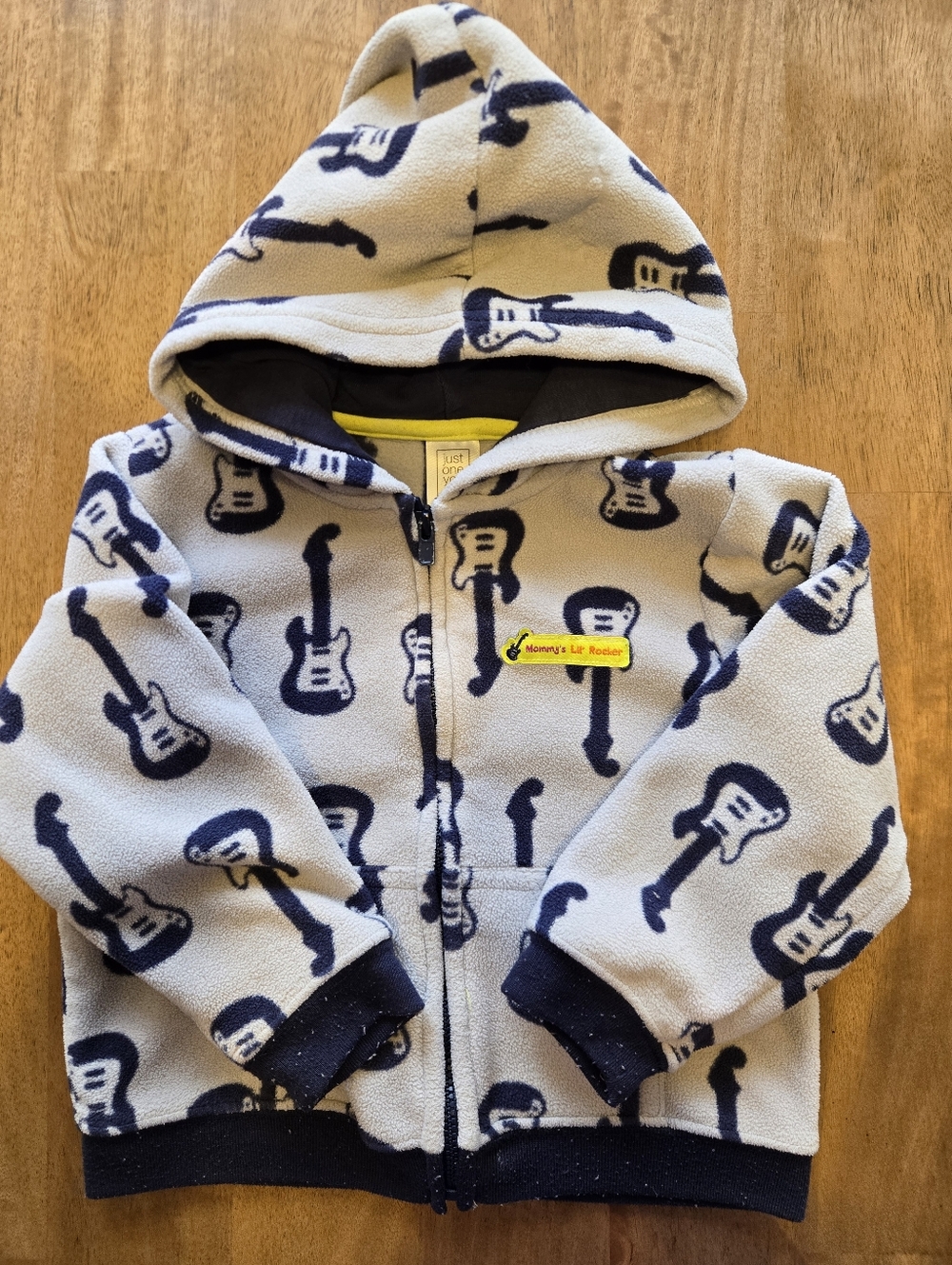 Toddler Guitar Print Fleece Hoodie Jacket - Light Gray & Navy